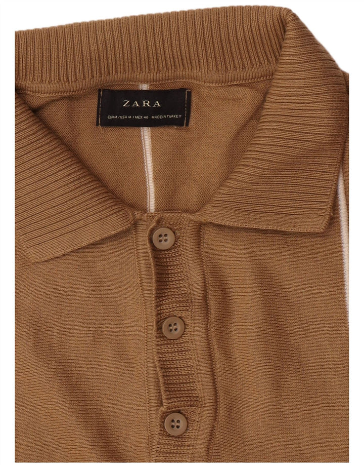 Zara Maglione da uomo a maniche corte con collo a polo, maglione a righe marrone medio