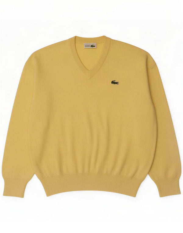 Lacoste Mens V-Neck Jumper Sweater Size 4 Medium Yellow Virgin Wool