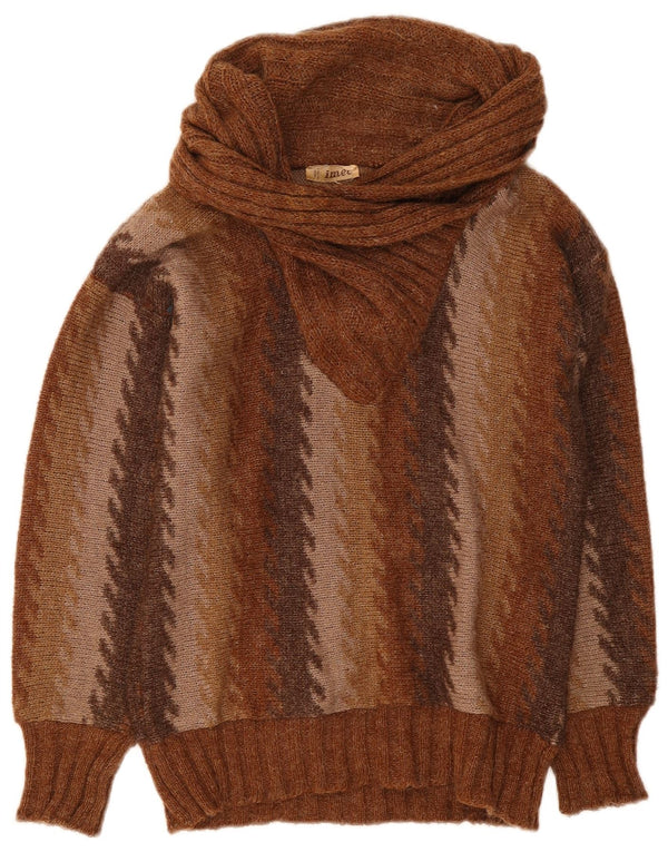 Imec Womens Shawl Neck Jumper Sweater UK 12 Medium Brown Striped Acrylic
