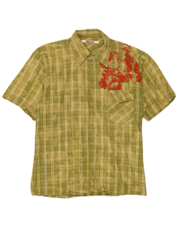Camicia a maniche corte da uomo con lavaggio acido Rifle, cotone scozzese grande verde
