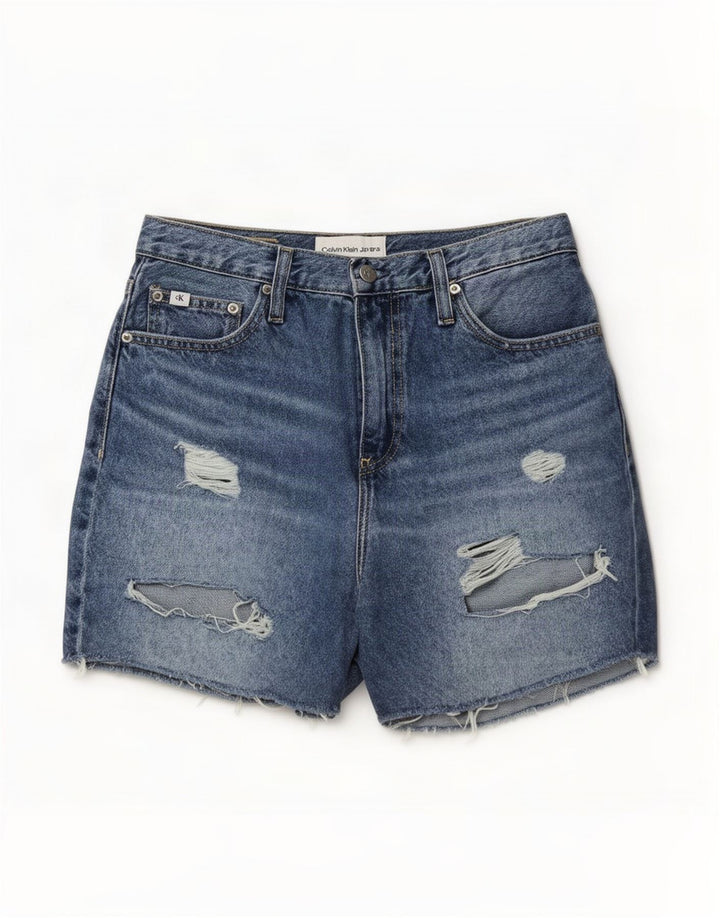 Pantaloncini di jeans invecchiati da donna Calvin Klein W29 cotone blu medio