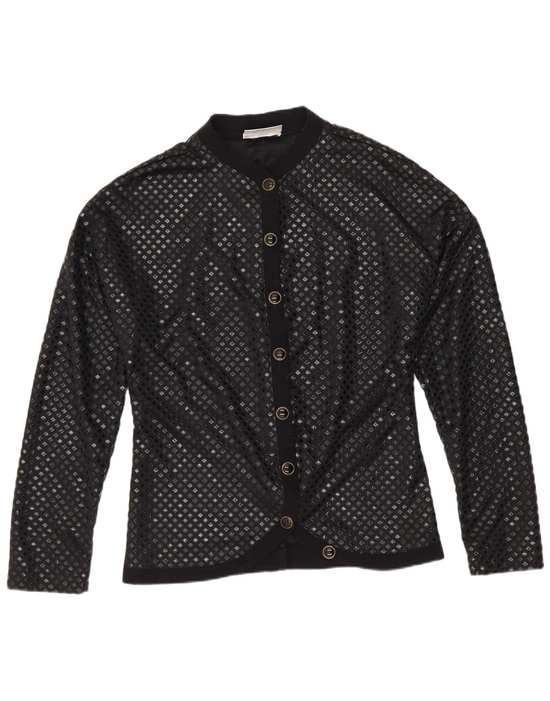 Camicetta camicia vintage da donna UK 12 poliammide geometrica nera media