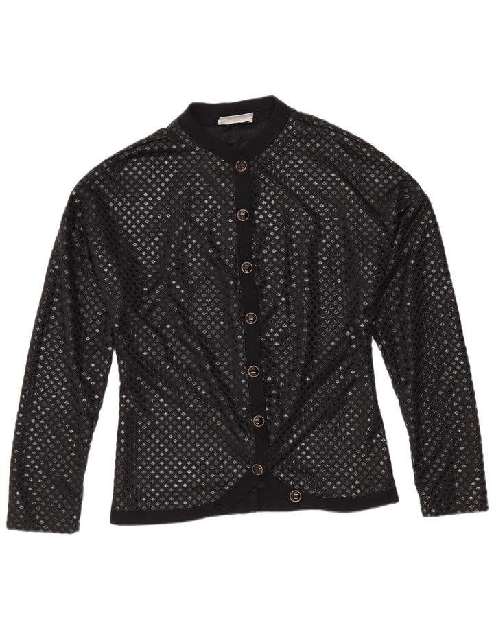 Camicetta camicia vintage da donna UK 12 poliammide geometrica nera media