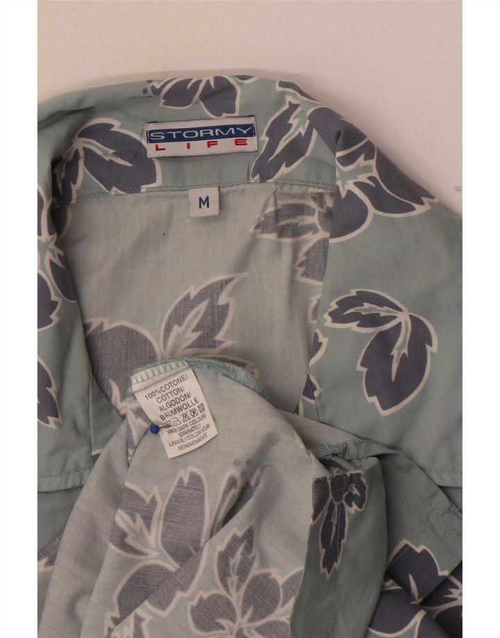 Camicia vintage da uomo a maniche corte in cotone floreale blu medio