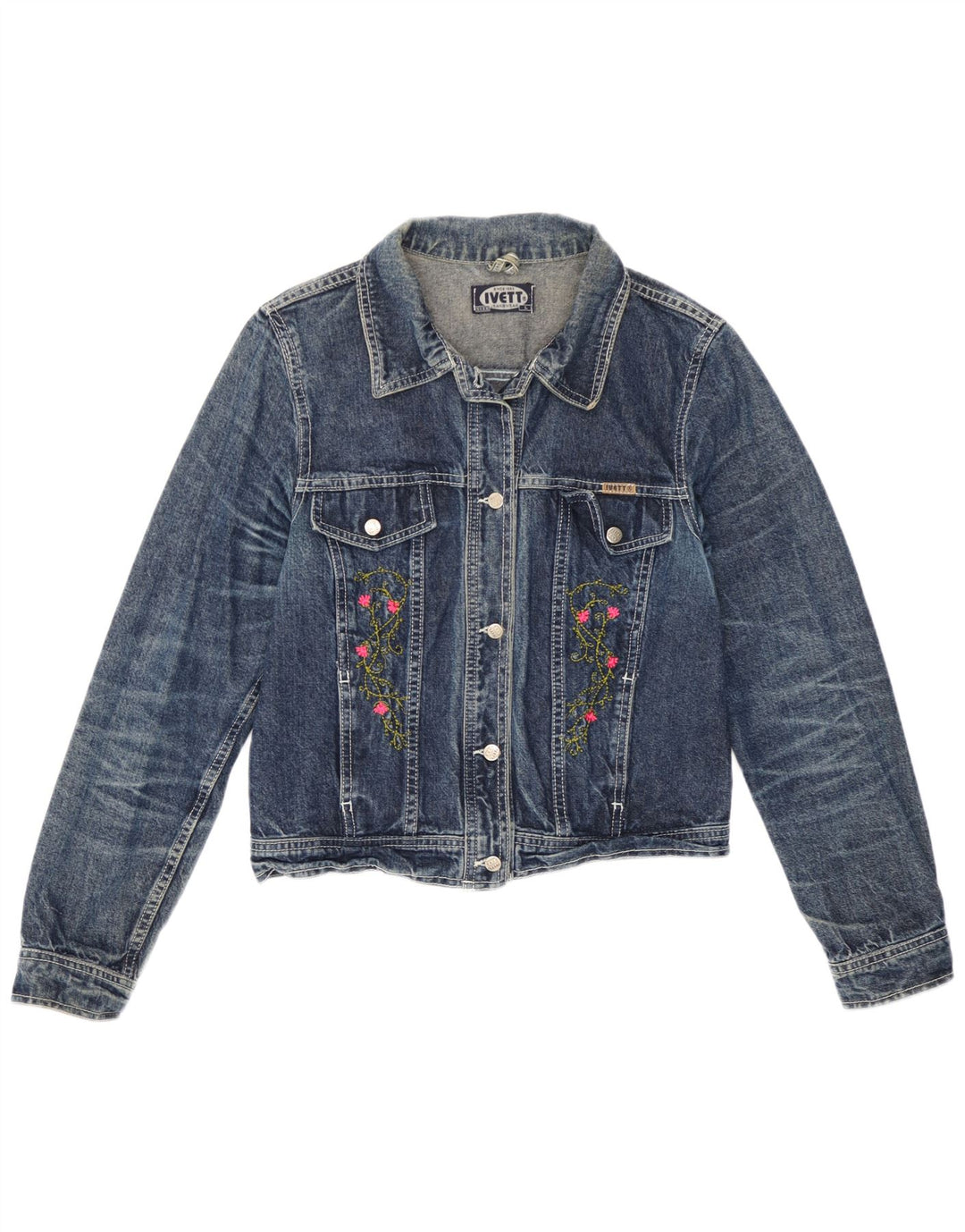 Giacca di jeans vintage da donna UK 14 grande floreale blu