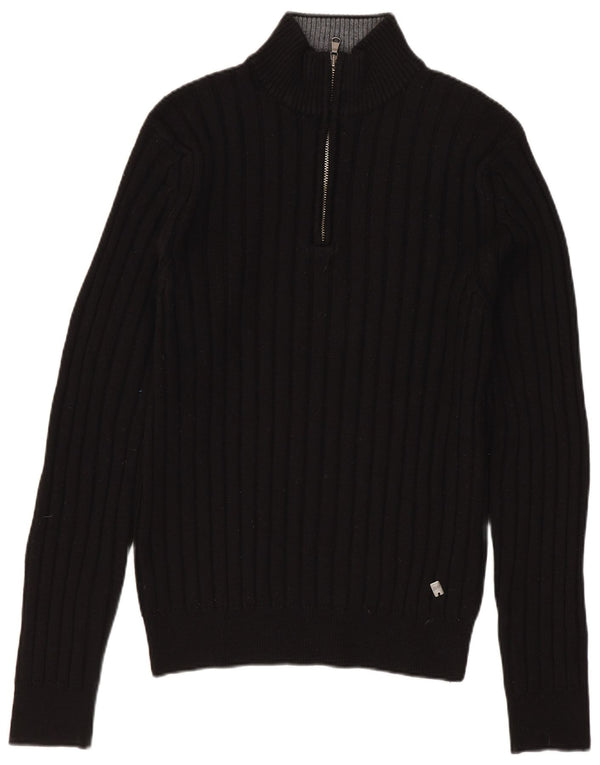 Maglione da uomo Rifle con zip e collo in lana merino nera media