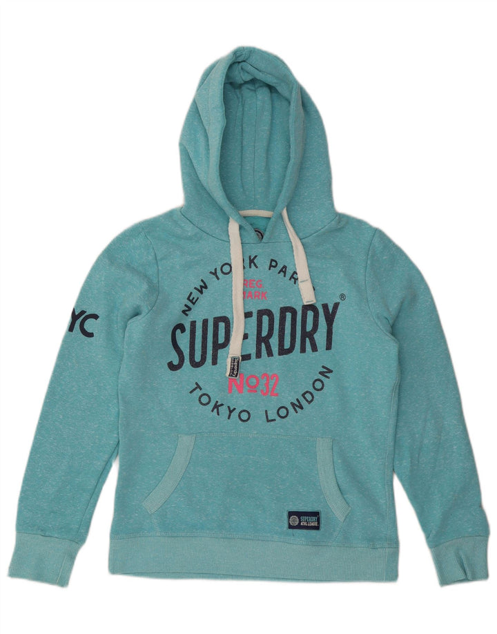 Maglione con cappuccio grafico da donna SUPERDRY London UK 10 piccolo blu screziato