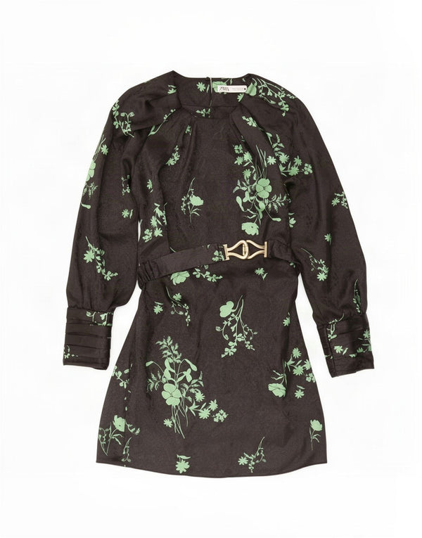 Abito a trapezio a maniche lunghe da donna Zara UK 12 Poliestere floreale nero medio