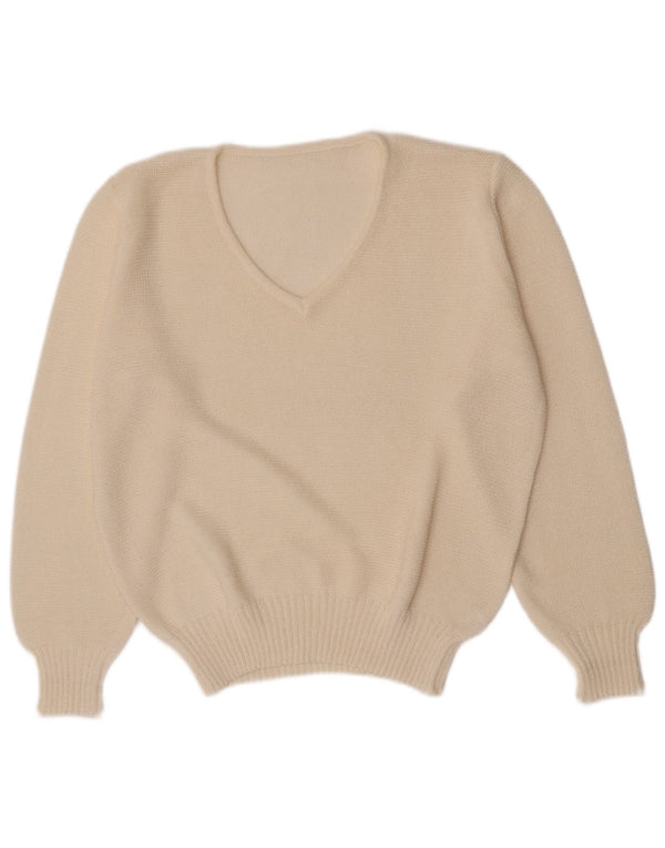 Maglione maglione vintage da donna con scollo a V vestibilità regolare UK 10 piccolo acrilico bianco