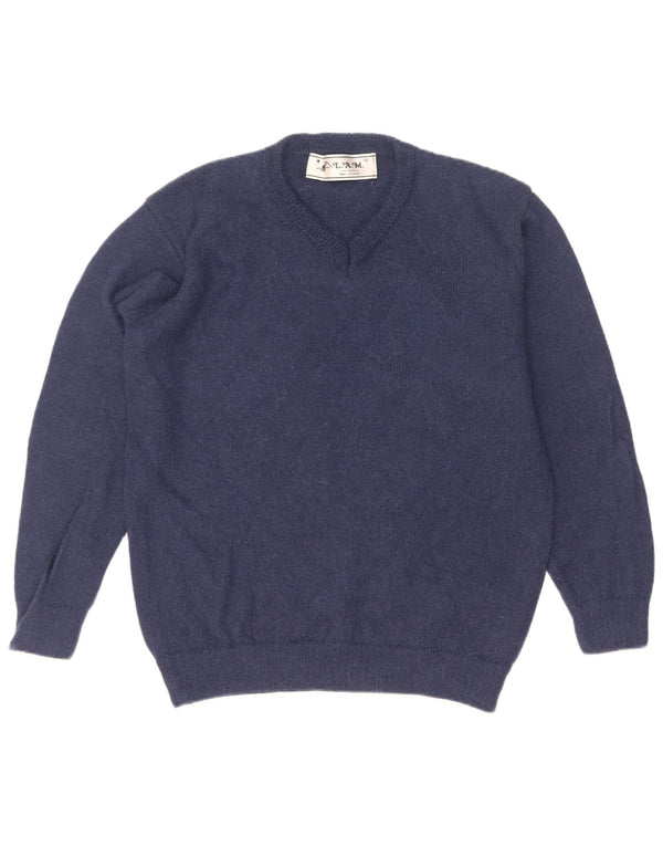 Maglione vintage da uomo con scollo a V XL in lana di alpaca blu navy