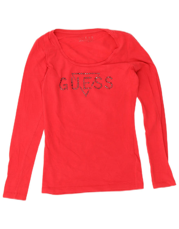 Guess Womens Graphic Top Long Sleeve UK 6 XS Red Cotton