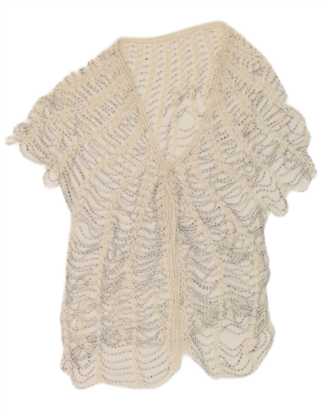 Top cardigan all'uncinetto trasparente da donna vintage UK 10 piccolo bianco