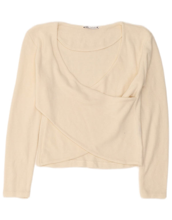 Camicetta corta a maniche lunghe da donna Zara UK 10 piccola in viscosa bianco sporco