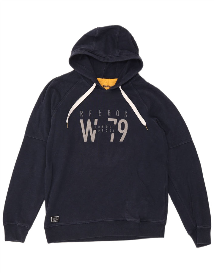 REEBOK Felpa con cappuccio grafica da uomo di grandi dimensioni in cotone blu navy