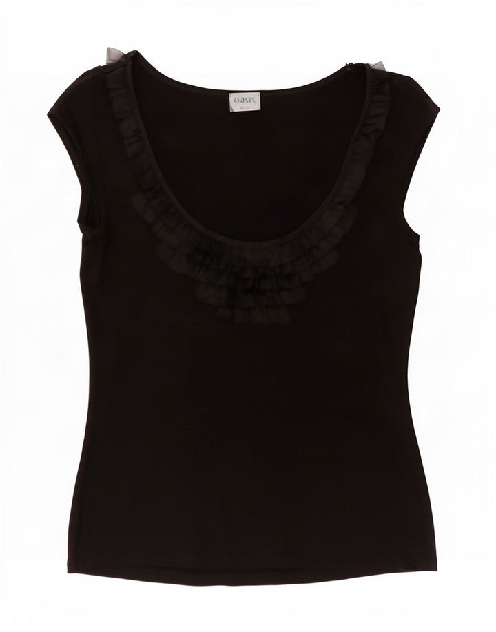 Camicetta da donna Oasis con volant sul davanti UK 10 piccola viscosa nera