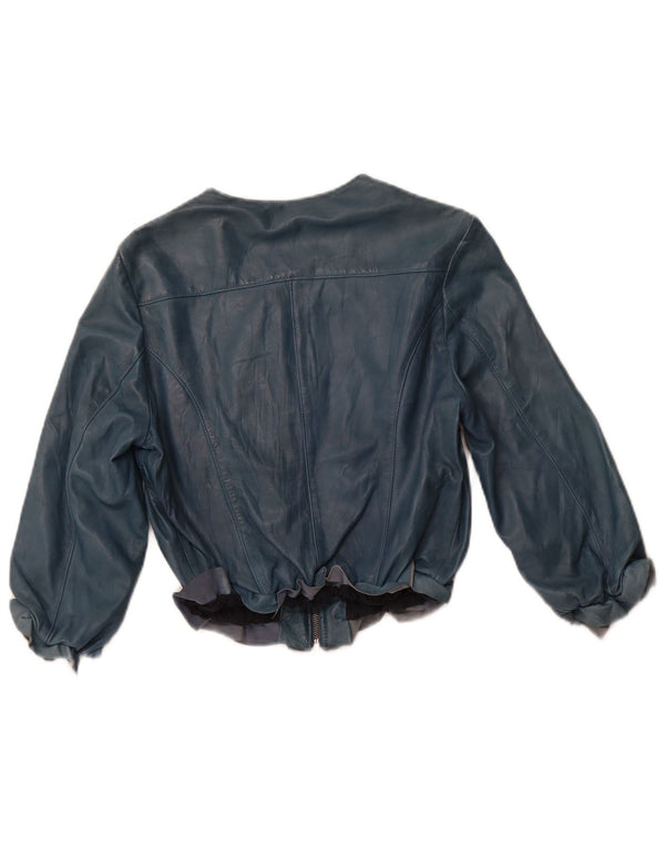 VINTAGE Womens Crop 3/4 Sleeve Leather Jacket IT 44 Medium Blue Leather