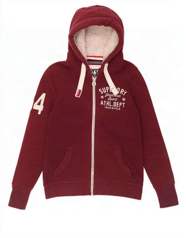 Superdry Womens Graphic Zip Hoodie Sweater UK 10 Small Burgundy Cotton