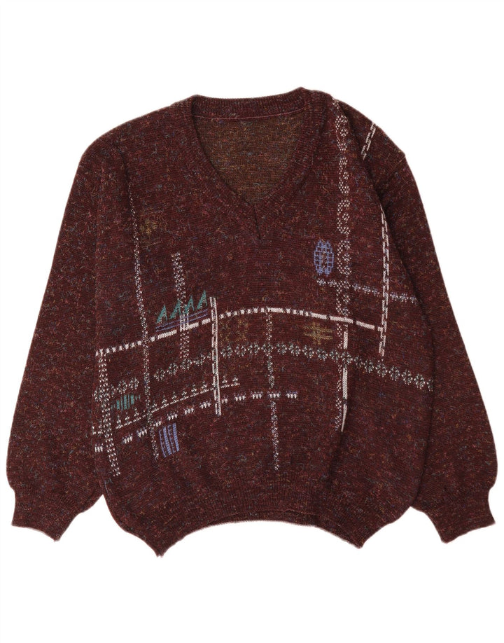 Maglione vintage da uomo con scollo a V IT 48 Poliacrilico geometrico marrone medio