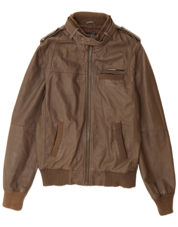 Giacca in pelle militare da donna Superdry UK 16 grande in pelle marrone