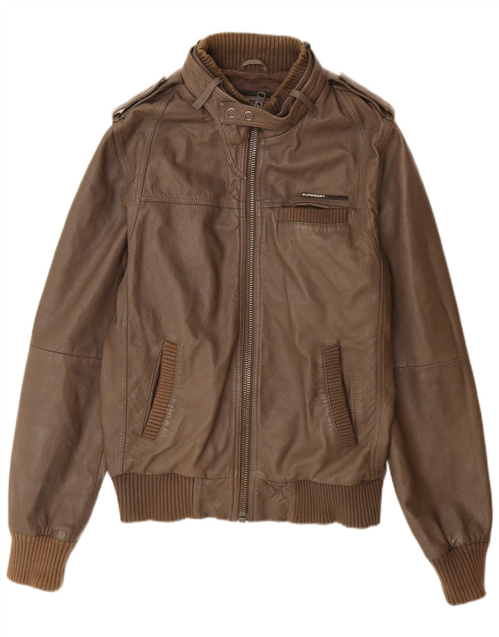 Giacca in pelle militare da donna Superdry UK 16 grande in pelle marrone