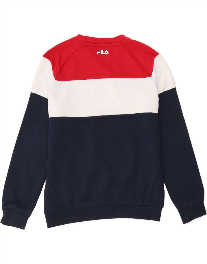 FILA Boys Graphic Sweatshirt Jumper 11-12 Years Navy Blue Colourblock Vintage Fila and Second-Hand Fila from Messina Hembry 