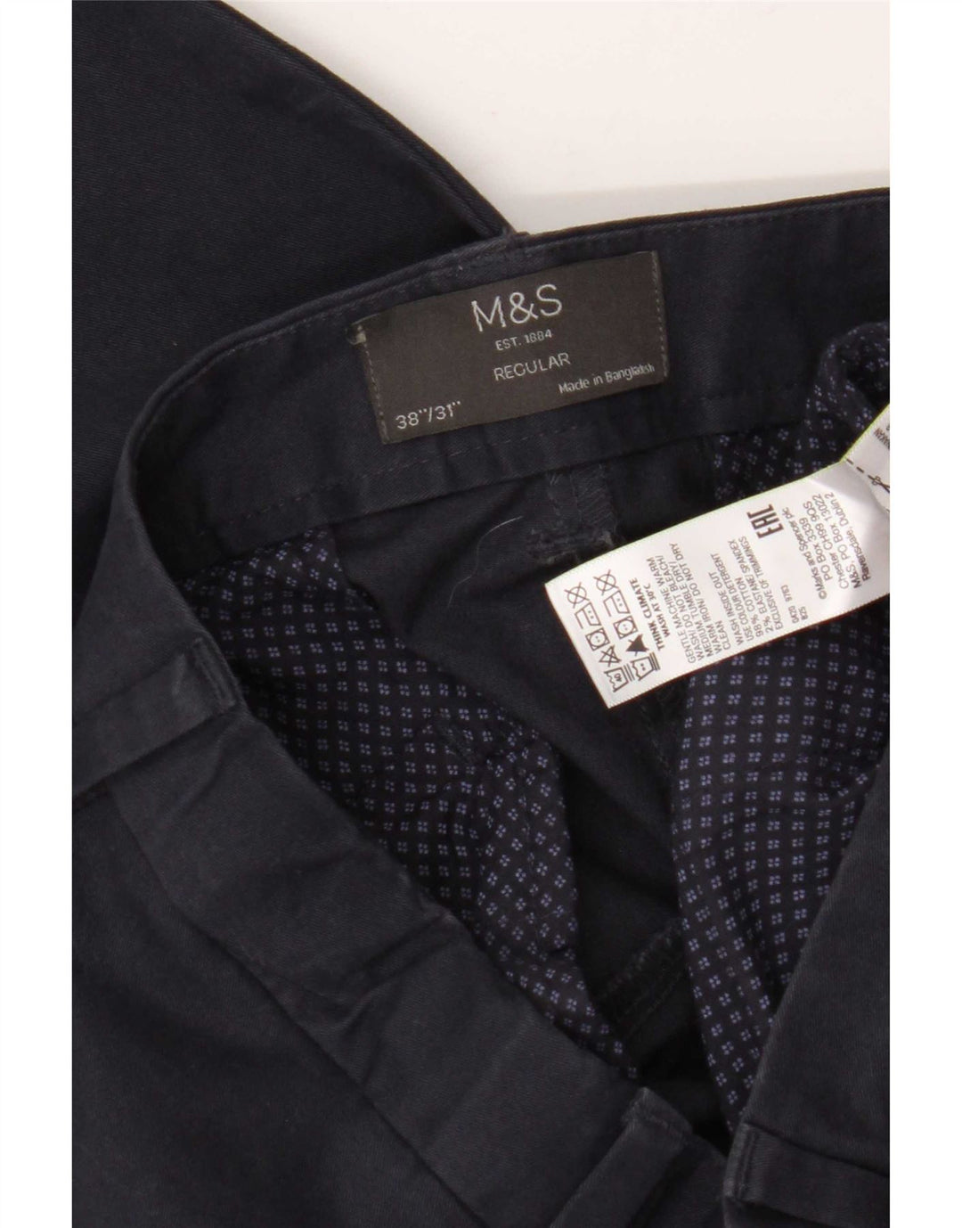 Pantaloni chino regolari da uomo Marks & Spencer W38 L31 cotone blu navy