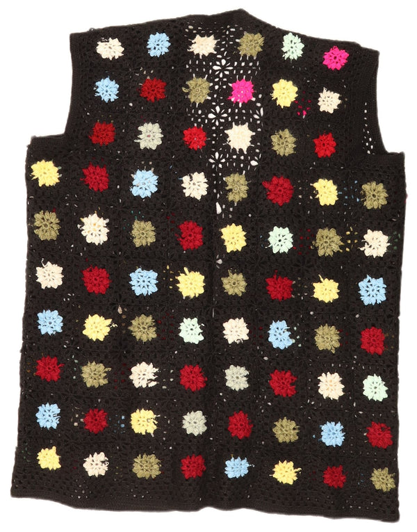 Maglione cardigan all'uncinetto senza maniche da donna vintage UK 16 grande floreale nero