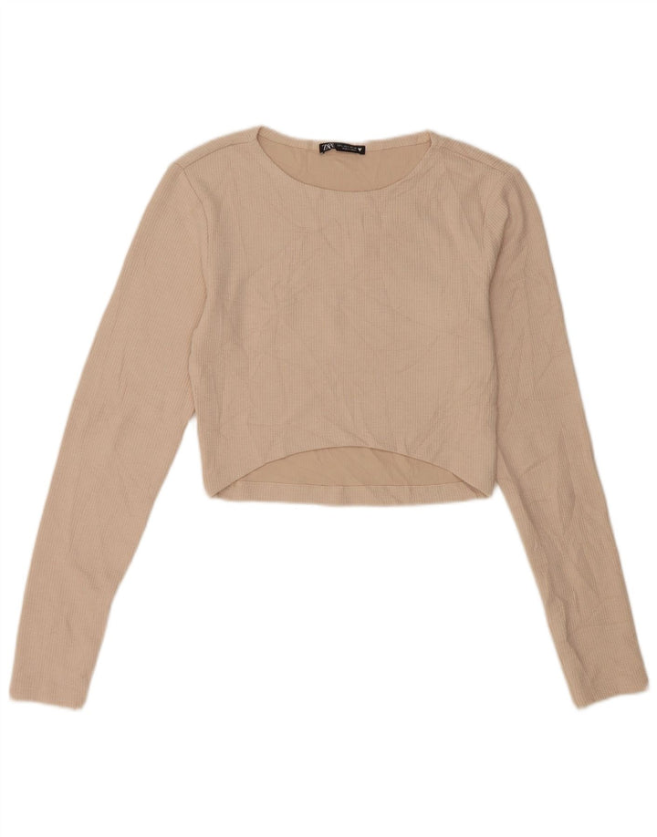 Top corto da donna Zara a maniche lunghe UK 14 grande poliestere beige