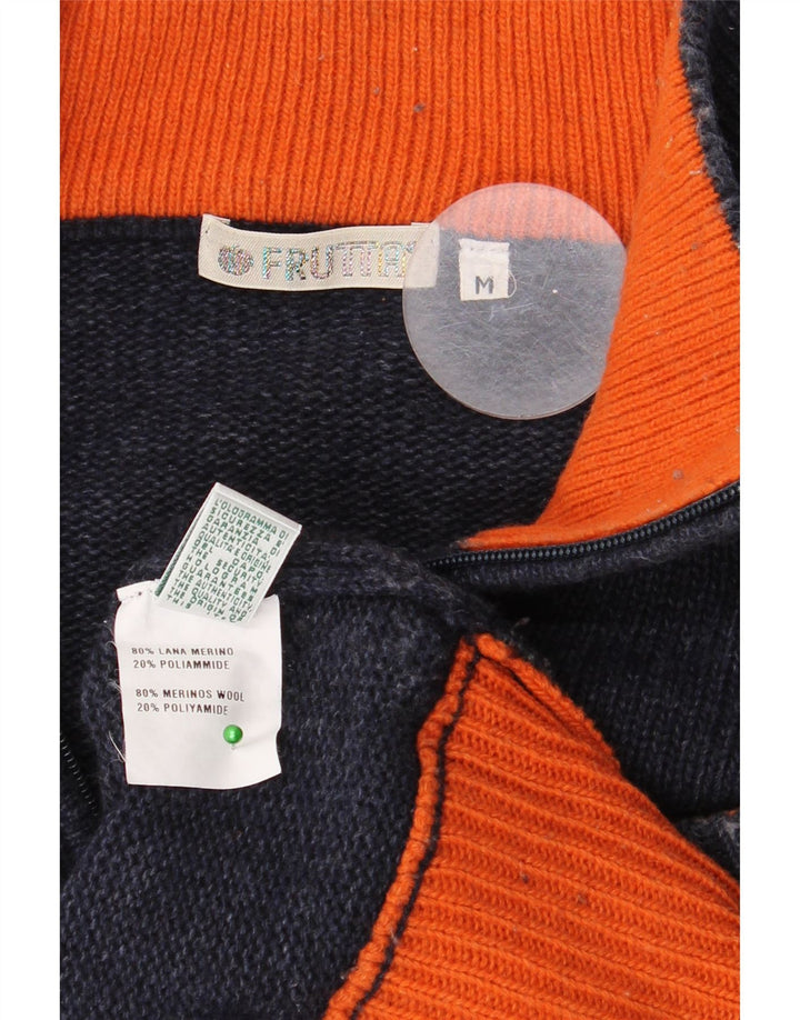 Maglione da uomo VINTAGE con zip e collo in lana blu navy medio