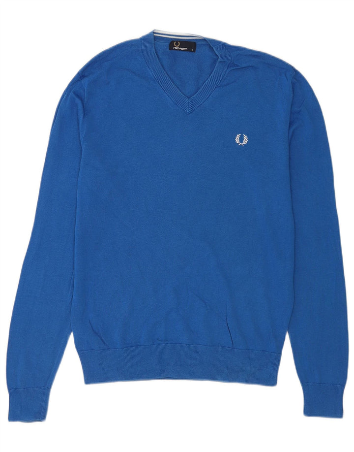 Maglione da uomo con scollo a V Fred Perry piccolo in cotone blu