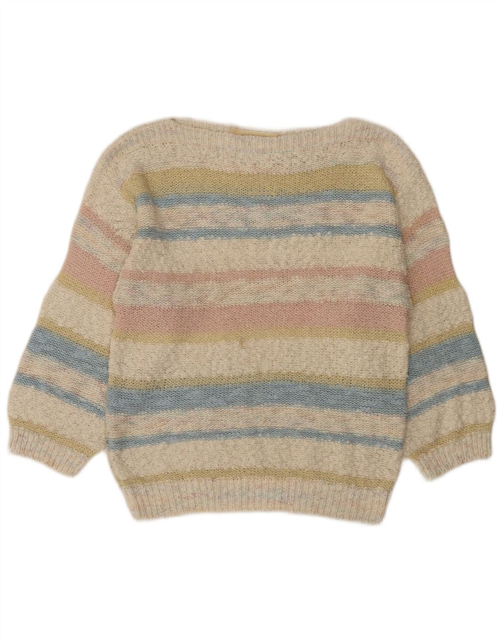 Maglione maglione vintage da donna con scollo a barca UK 12 a righe multicolori medie