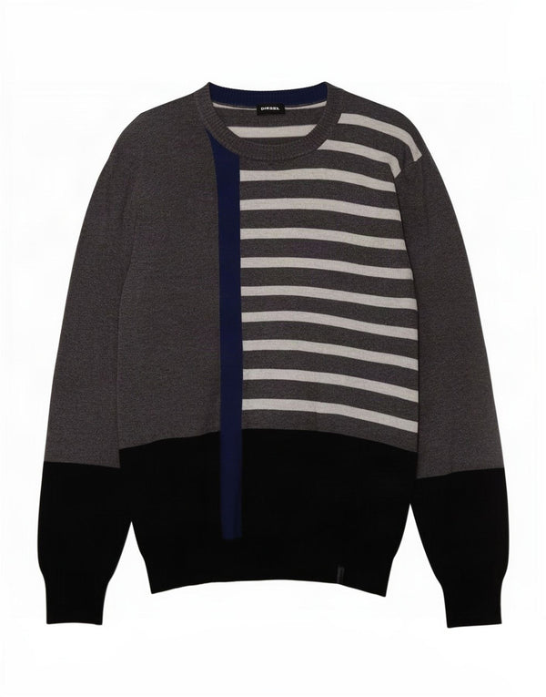 Diesel Mens Boat Neck Jumper Sweater Small Grey Colourblock Cotton