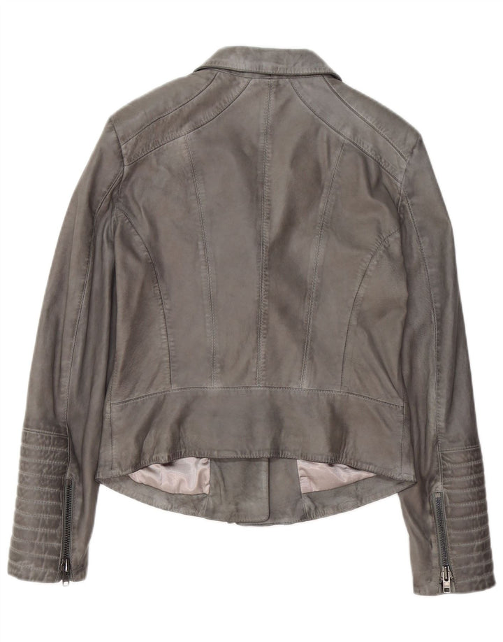Giacca da motociclista in pelle da donna vintage UK 12 Pelle grigio medio