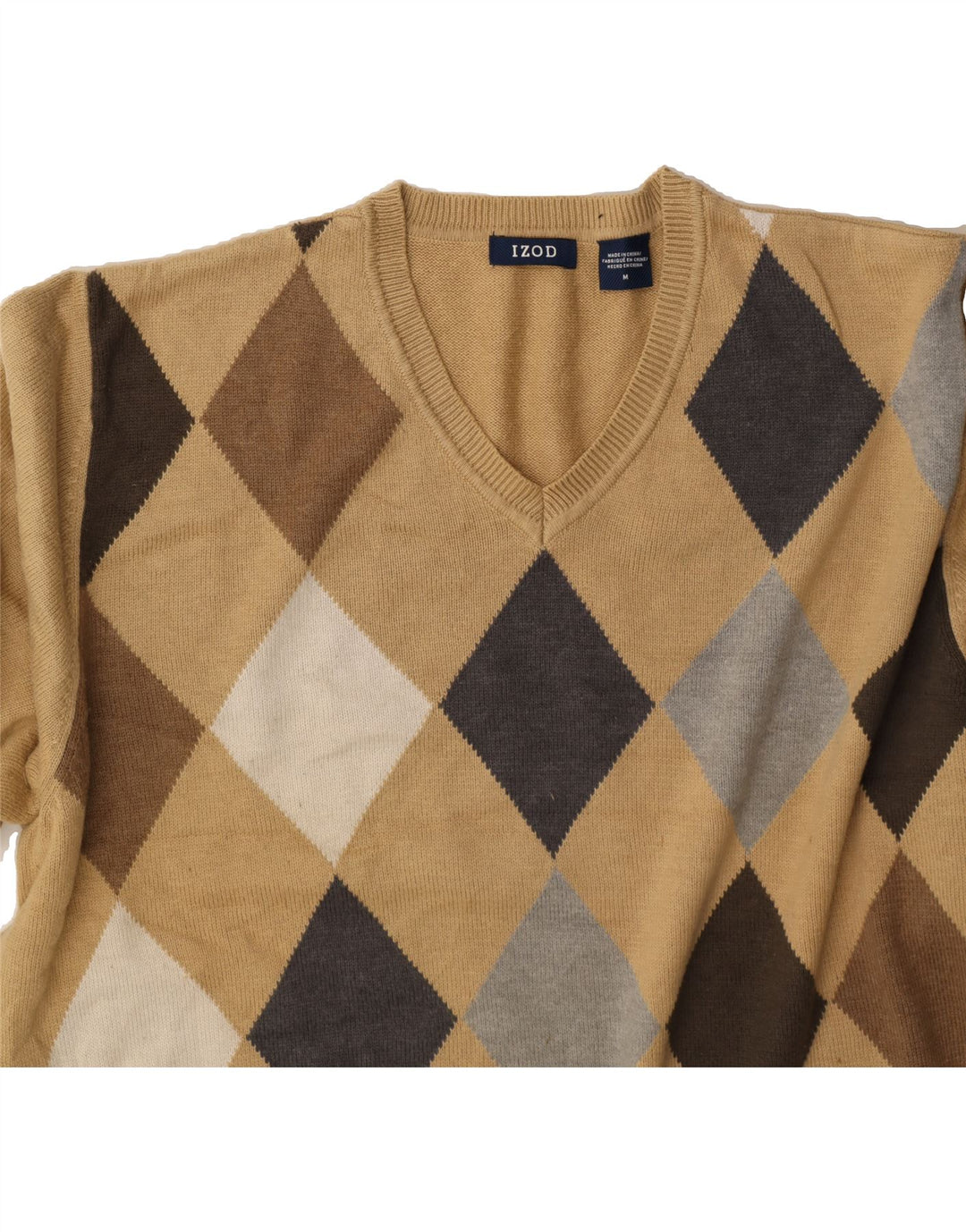 IZOD Mens V-Neck Jumper Sweater Medium Beige Argyle/Diamond Cotton Vintage Izod and Second-Hand Izod from Messina Hembry 