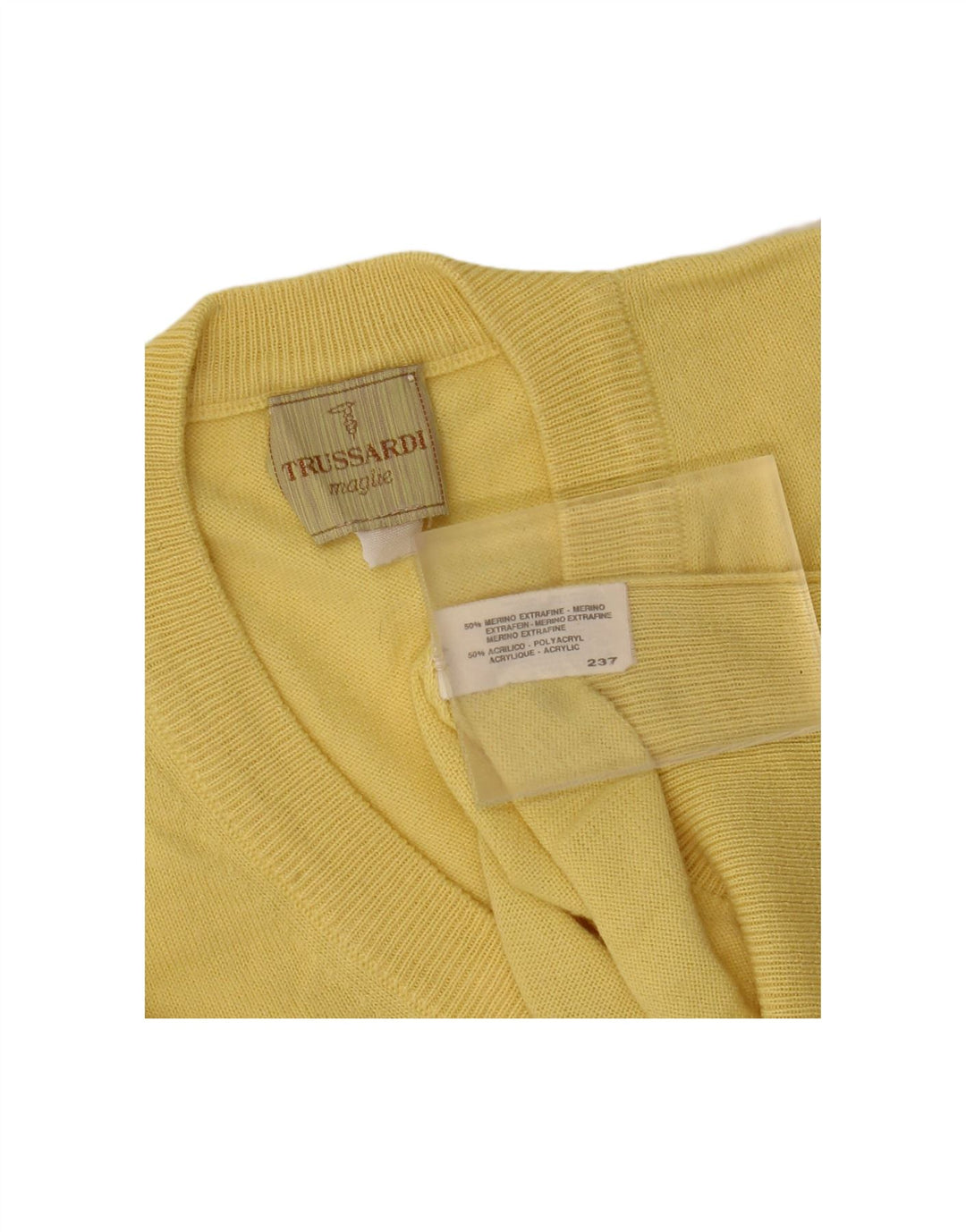 TRUSSARDI Mens V-Neck Jumper Sweater Large Yellow Merino Wool