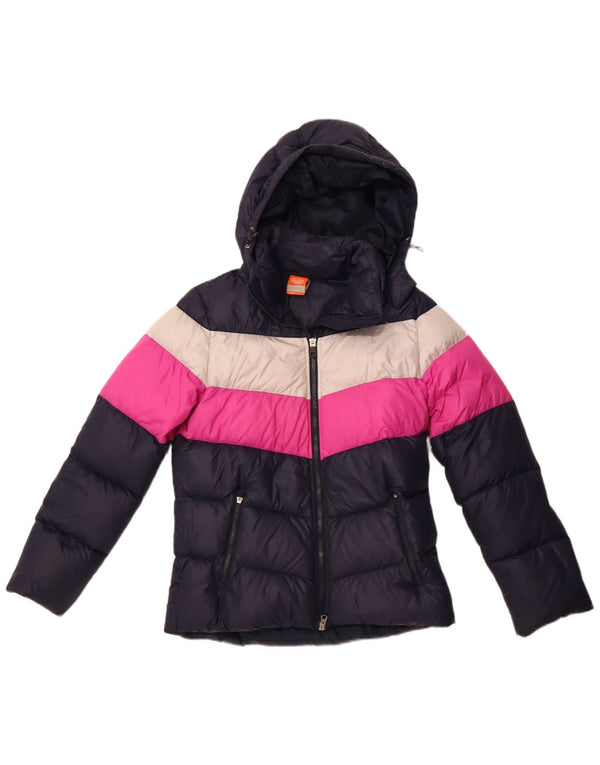 Giacca imbottita con cappuccio NIKE da donna UK 14 nylon color block medio blu navy