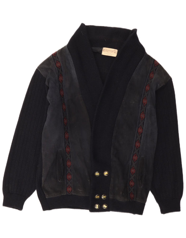 Maglione cardigan in pelle scamosciata da uomo Laura Pucci IT 52 Large Blu Navy Fair Isle