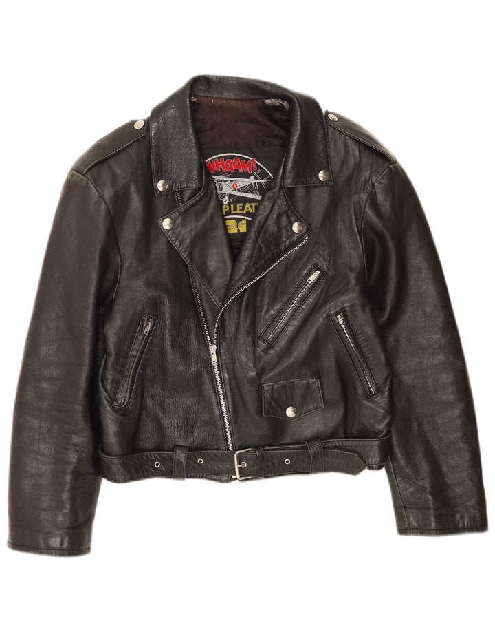 Giacca da motociclista in pelle corta da donna vintage IT 46 grande in pelle nera