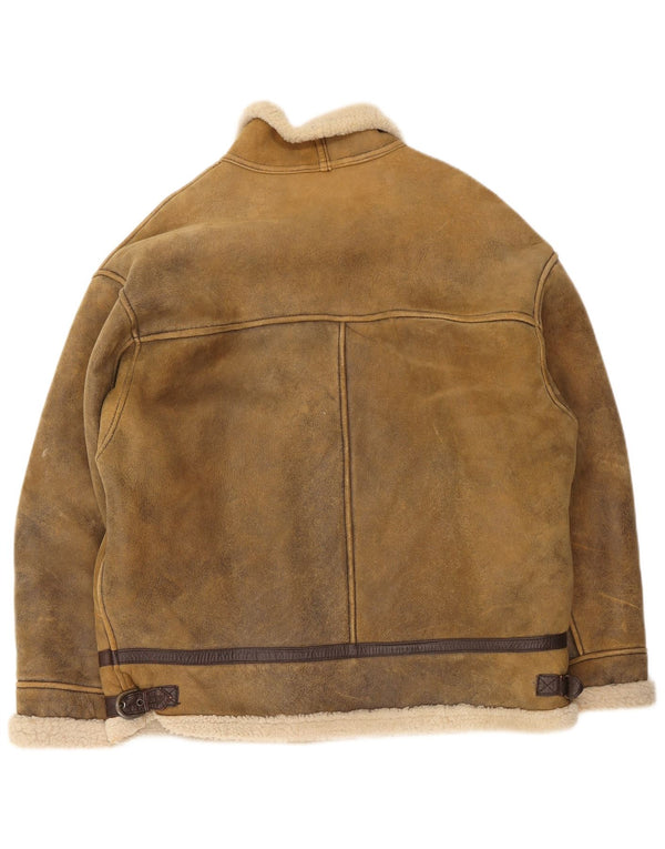 Giacca in pelle shearling vintage da uomo UK 42 XL Marrone