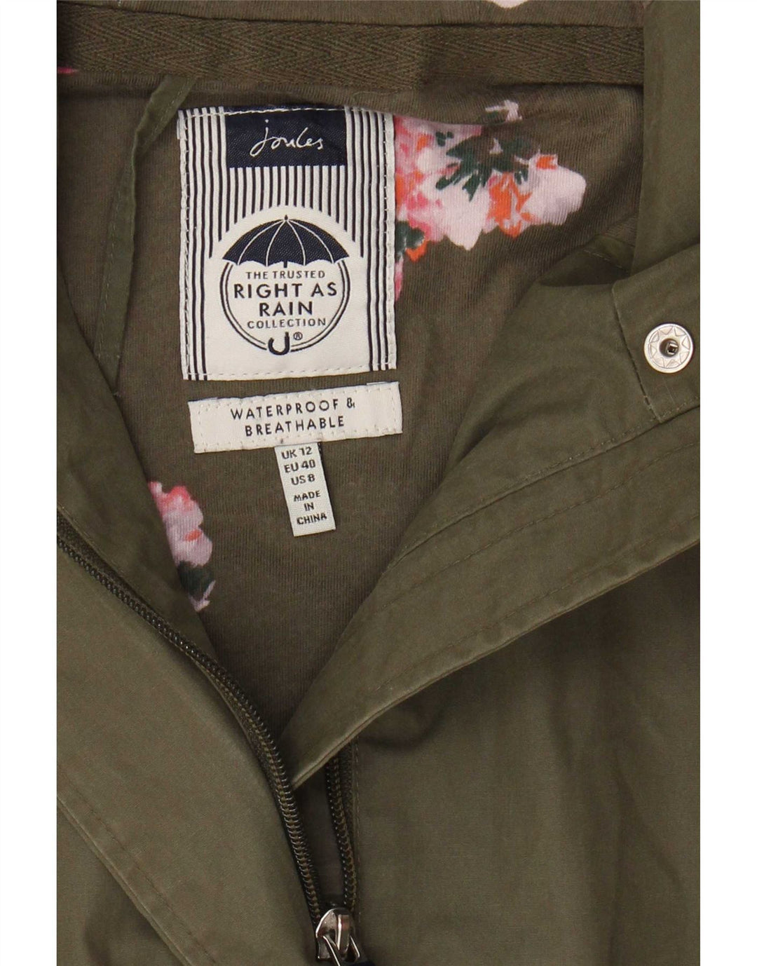 Impermeabile con cappuccio da donna Joules UK 12 medio cachi