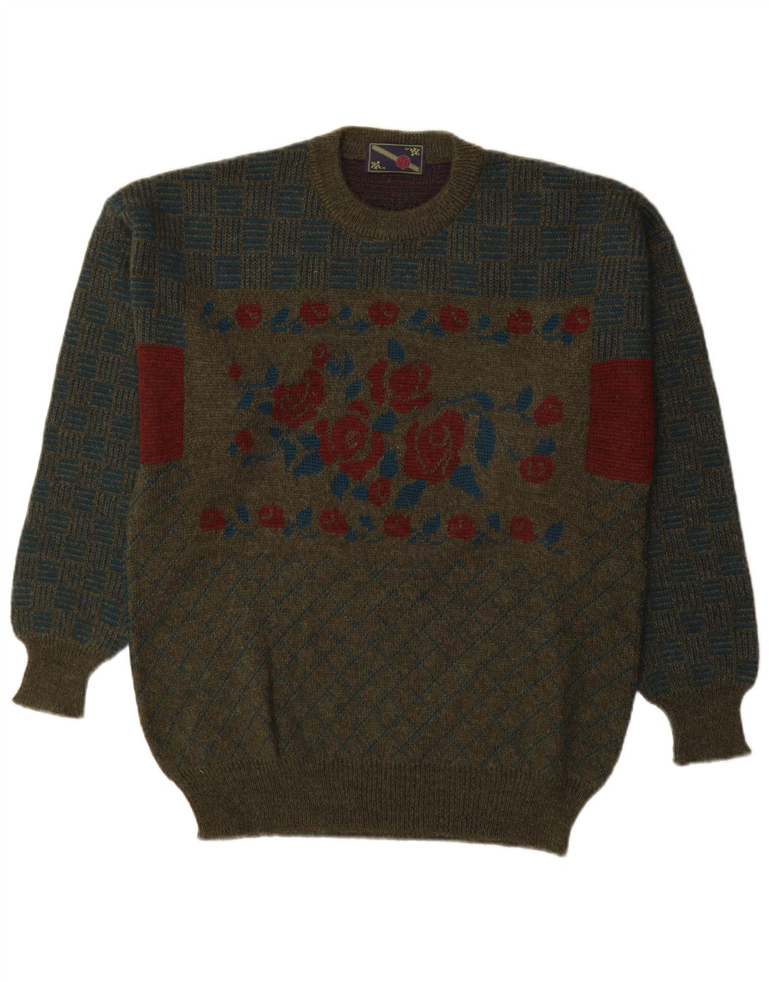 Maglione girocollo da uomo vintage con motivo floreale color kaki medio