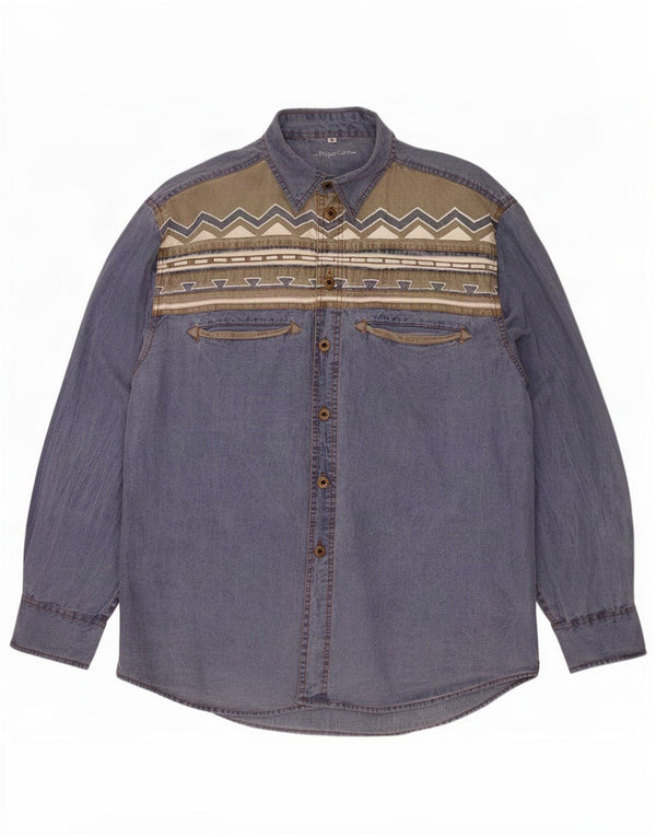 Camicia di jeans da uomo in granello di pepe di grandi dimensioni in cotone geometrico blu