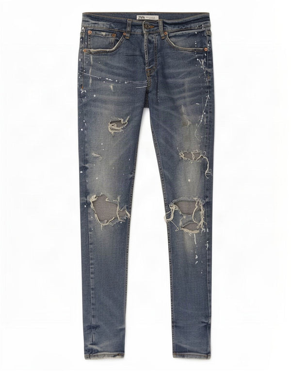 Jeans slim invecchiati da uomo Zara EU 38 Small W28 L30 cotone blu