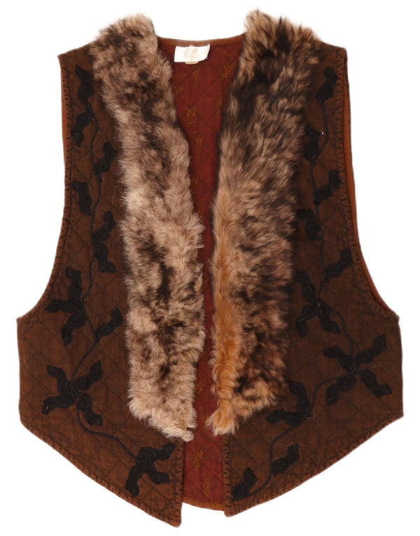 Gilet trapuntato da donna vintage UK 18 XL in cotone paisley marrone