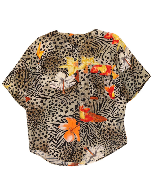 Camicetta camicia a maniche corte da donna vintage UK 14 grande stampa animalier grigia