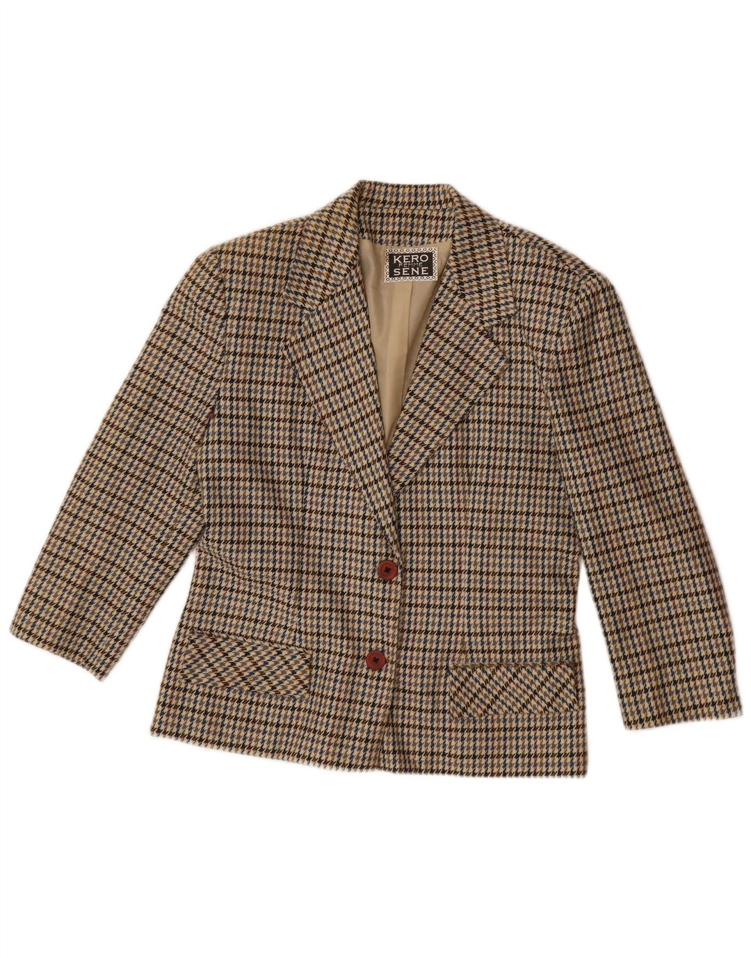 Giacca blazer vintage da donna a 2 bottoni UK 14 grande pied de poule beige