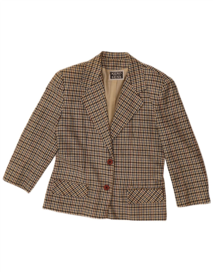 Giacca blazer vintage da donna a 2 bottoni UK 14 grande pied de poule beige