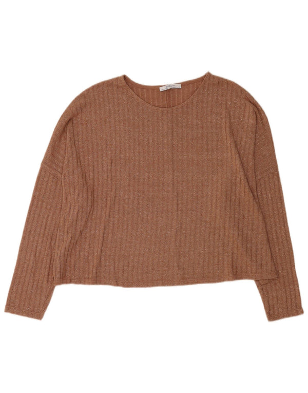 Zara Donna Crop Top Manica a 3/4 Oversize Manica Lunga UK 16 Large Marrone