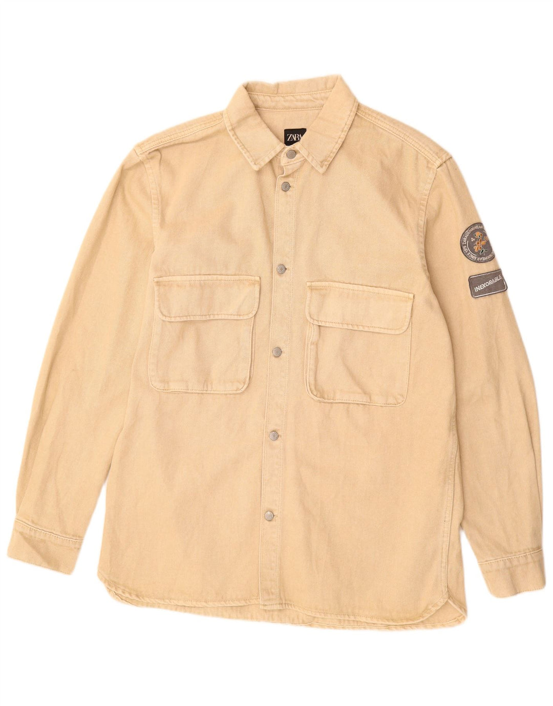 Camicia ZARA da uomo in flanella vestibilità comoda, cotone beige grande
