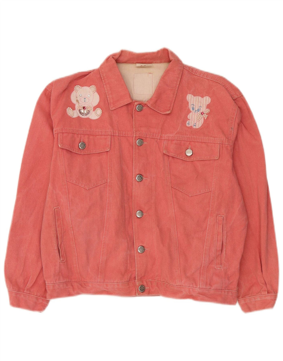 Giacca di jeans grafica vintage da donna con orsacchiotto IT 42 cotone rosa medio